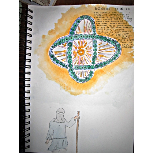 watercolor and India Ink illustration of Ezekiel's wheel