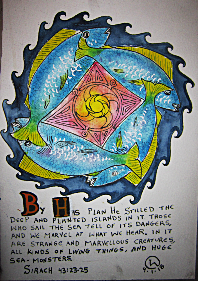 watercolor and India Ink:  four fish design with text from Sirach